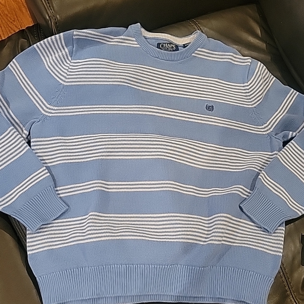 100% cotton Chaps Men's Crewneck Sweater in Blue & White Stripes 90s Crest Logo